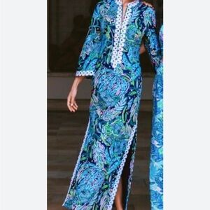 Lilly Pulitzer Shealyn Maxi Caftan in Low Tide Navy Catty Purrsonality